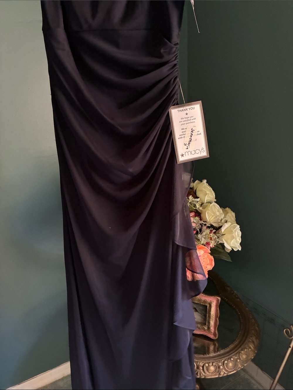 Betsy & Adam Navy Lace-Shoulder Evening Gown - Picture 7 of 10